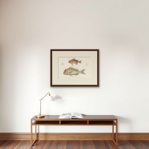 Hand-Colored Print of Soldierfish and Bluefin Seabream, Paris 1846, shown framed on a wall