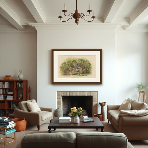 Antique Bird Print of The Painted Partridge by Hume & Marshall, 1879, shown framed in a room