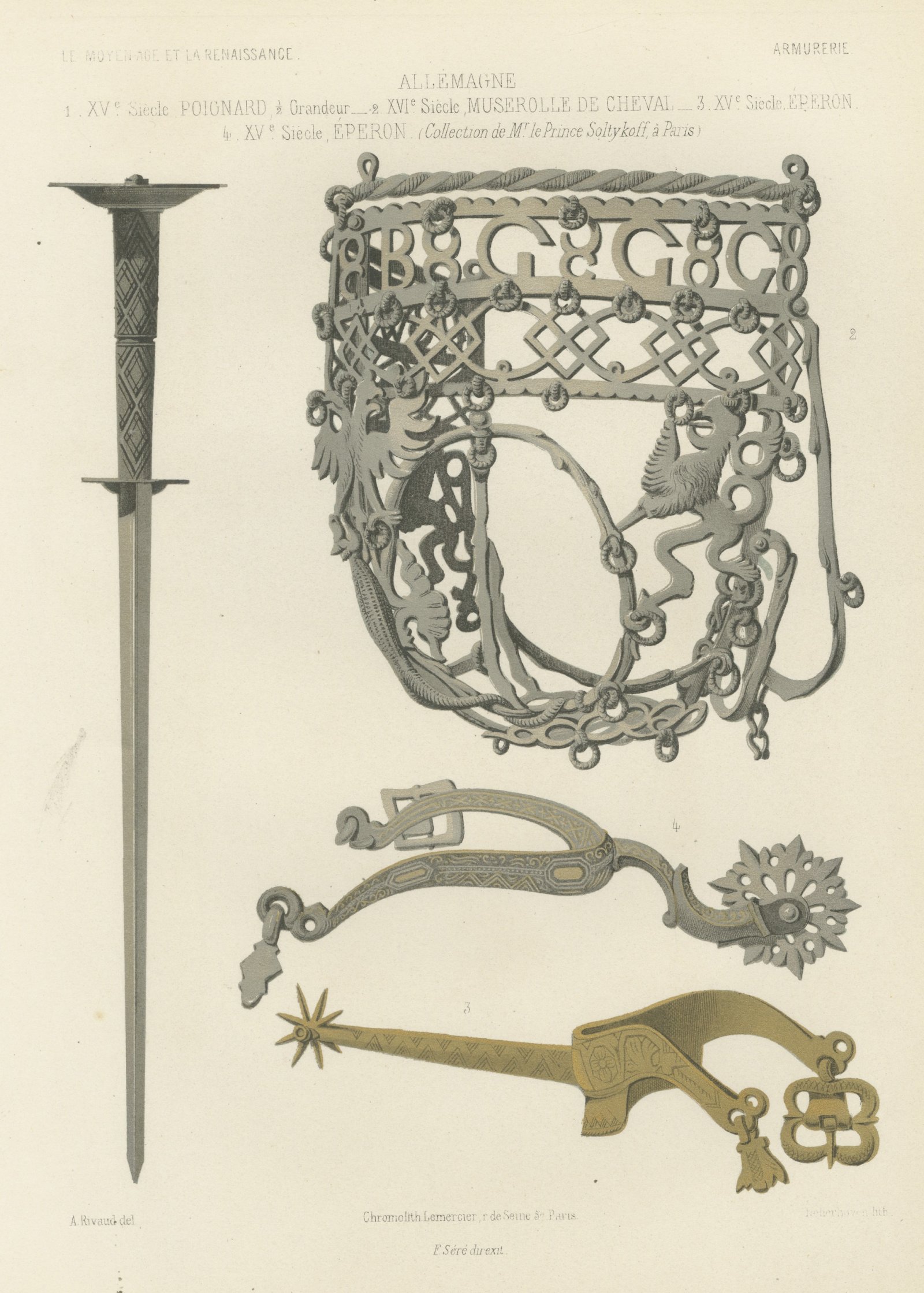 German Poniard, Horse Muzzle and Spurs, Antique Print, 1851