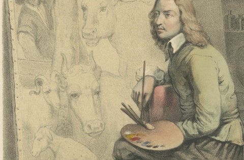 Paulus Potter, Dutch Animal Painter at Work, Hand-Colored Lithograph, ca.1850, close-up 3
