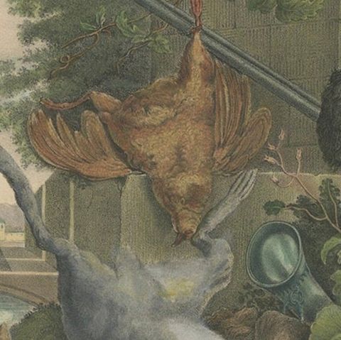 1835 Hand-Colored Lithograph: Hunting Still Life with Game and Dog, close-up 6
