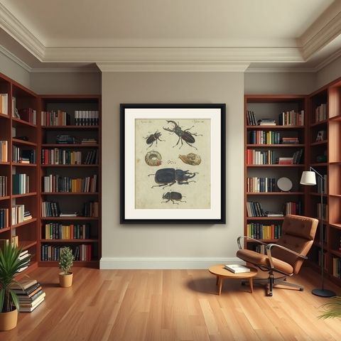 Antique Animal Print of Various Beetles, circa 1800, shown framed in a room