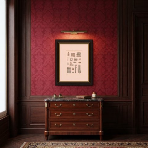 The Skin, Nail and Hair Follicle, Antique Hirschfeld Anatomy Print, 1866, shown framed in a room