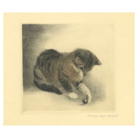 Kitten Playing with a Marble, Etching by Kurt Meyer-Eberhardt, 1977 Estate