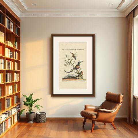 Large Red and Small Brown Hummingbirds Engraving by J.M. Seligmann, 18th Century, shown framed in a room