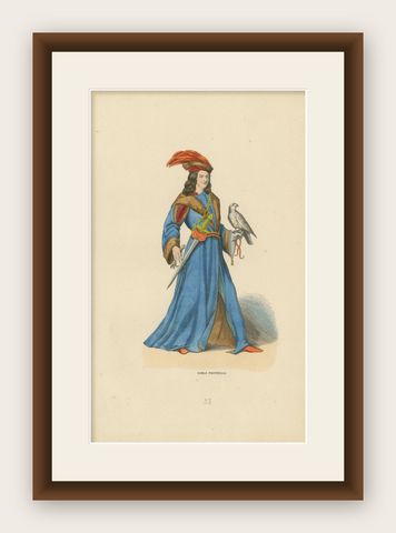 Original Hand-colored Lithograph of The Falconer: A Noble of Provence, 1845, shown framed