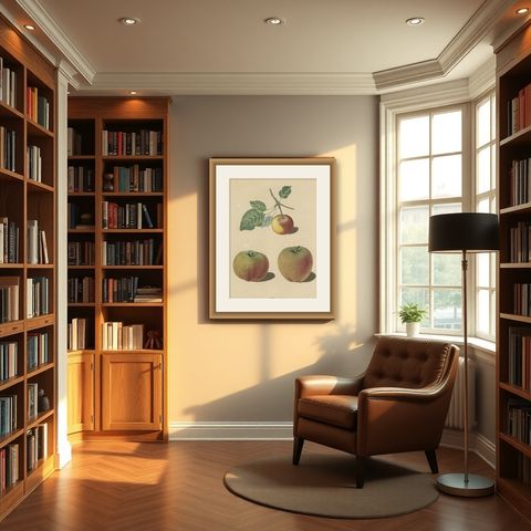 Antique Print of Pomme d'Api, Padly's Pippin and Bigg's Nonsuch Apples, shown framed in a room