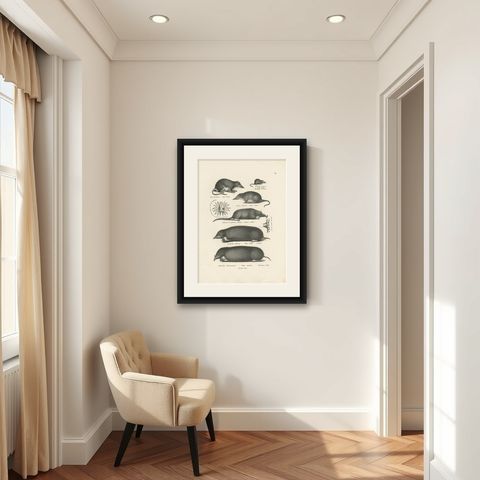 Antique Print of Various Mice and Other Rodents by Schinz, 'C.1830', shown framed in a room