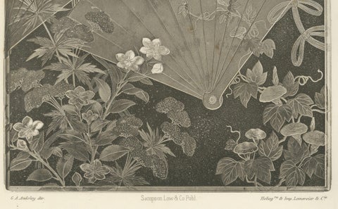 Japanese Fans and Floral Heliogravure Print by G. A. Audsley, Paris, c. 1880, close-up 1
