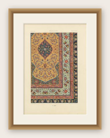 Persian Carpet Border Print, Antique Lithograph of Floral Rug Ornament, c.1869, shown framed