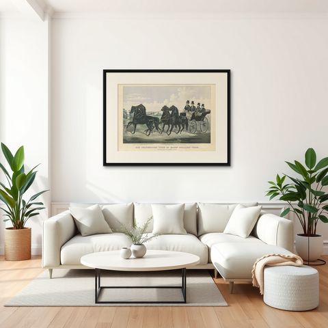 Antique Horse Print of the 'Four in Hand' Stallion Team, 1875, shown framed in a room