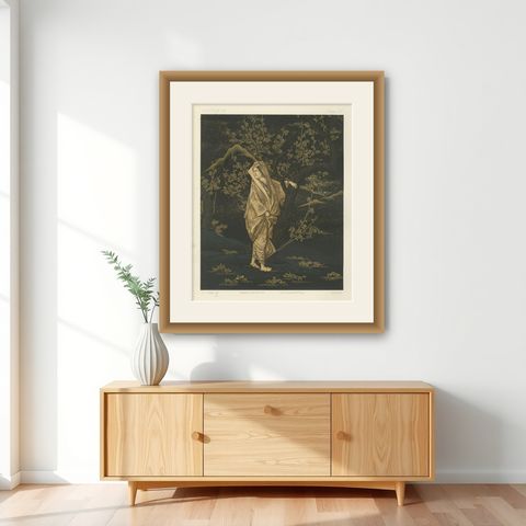 Japanese Woman in Plum Blossom Grove: Antique Lithograph, 1880s, shown framed on a wall