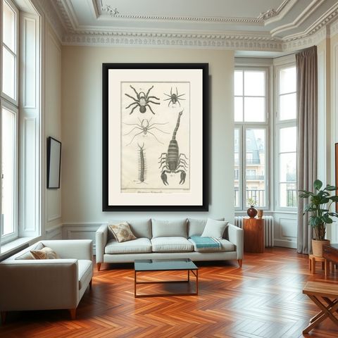Antique Engraving of Spiders, Centipede and Scorpion by Diderot, ca.1770, shown framed in a room
