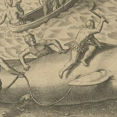 The Whale Harvest of St. Mary's Island - Copper Engraving by de Bry, 1601, close-up 6