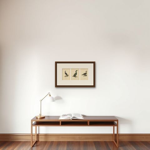 Antique Cormorant Bird Lithographs Set of 3, Scandinavian Birds Sweden 1929, shown framed on a wall