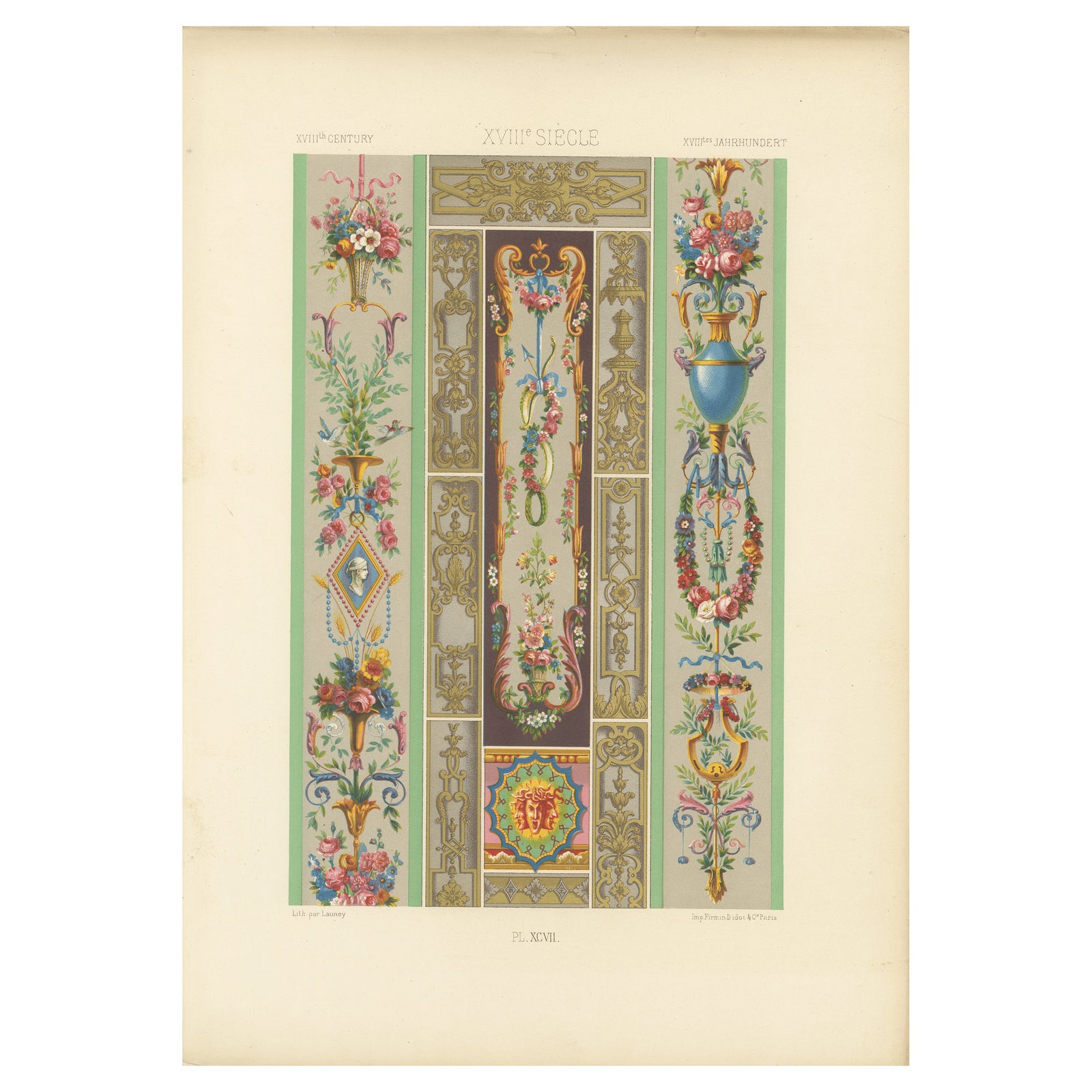 Rococo Panel Ornament, French Floral and Gilt Wall Designs, Plate XCVII, 1869
