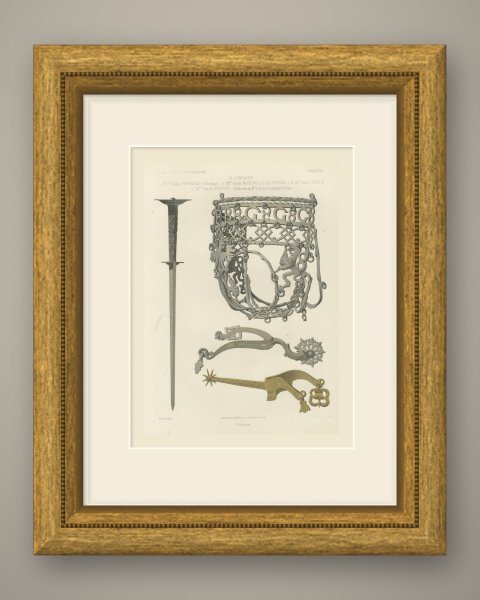 German Poniard, Horse Muzzle and Spurs, Antique Print, 1851, shown framed