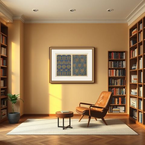 Japanese Chrysanthemum and Cloud Patterns: Antique Lithograph, 1880s, shown framed in a room