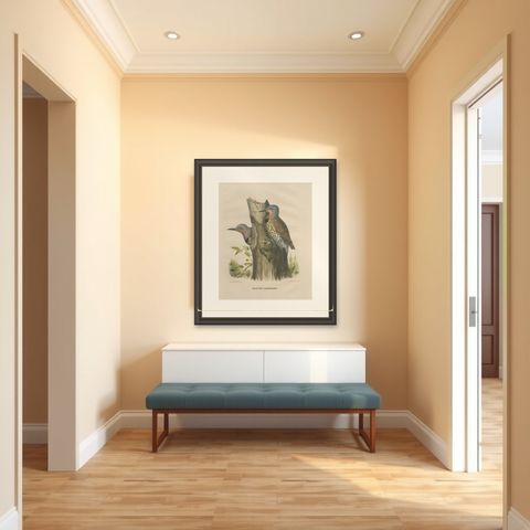Large Old Bird Print Depicting Two Gilded Flickers, 1869, shown framed in a room
