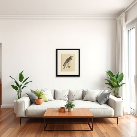 Antique Bird Print of the African Hawk-Eagle, c.1850, shown framed in a room