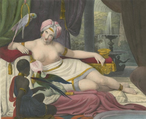 Orientalist Lithograph of Reclining Woman with Parrots, Ulrika, c.1840, Berlin, close-up 3