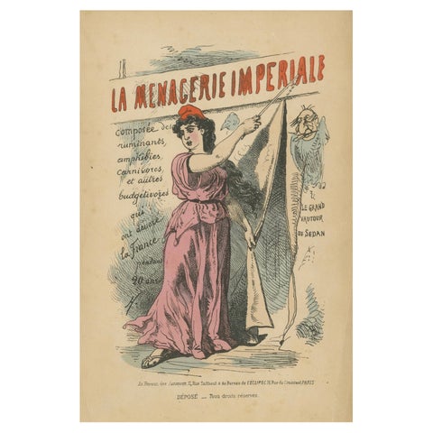 Woman Unveiling "La Menagerie Imperiale" Banner with Vulture Onlook, 1870