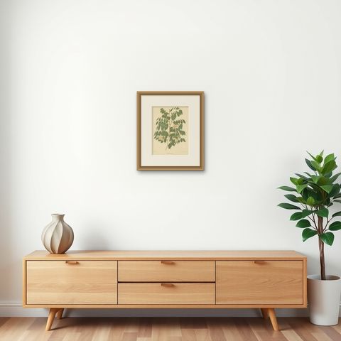 Original Antique Flower Print of the Indigofera Decora, 1879, shown framed on a wall