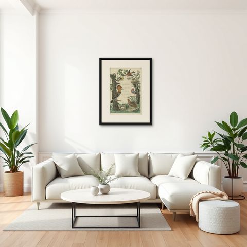 Rare Dutch Bird Print, Hoopoe, Bullfinch, Linnet and Quail, ca. 1770–1829, shown framed in a room
