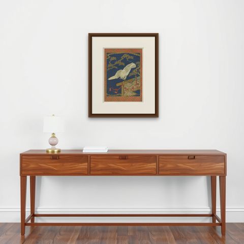 Japanese White Hawk on Pine Branch: Antique Lithograph, 1880s, shown framed on a wall