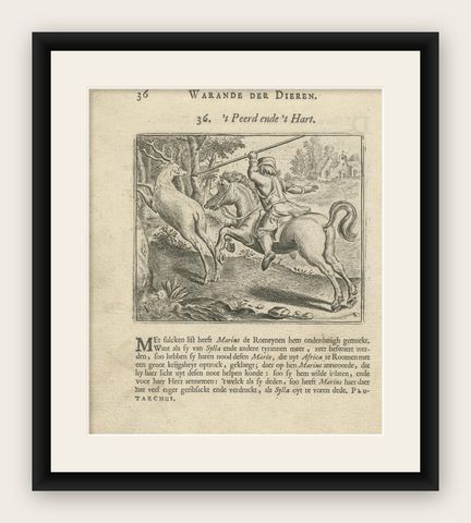 1617 Horse and Deer Engraving by Vondel, Warande der Dieren, shown framed