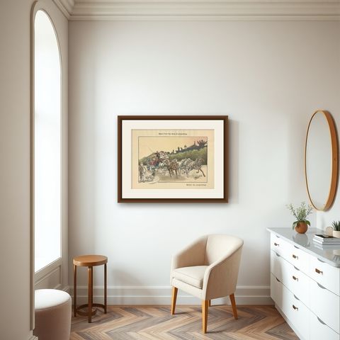 Antique Print of Horse Races, circa 1900, shown framed in a room