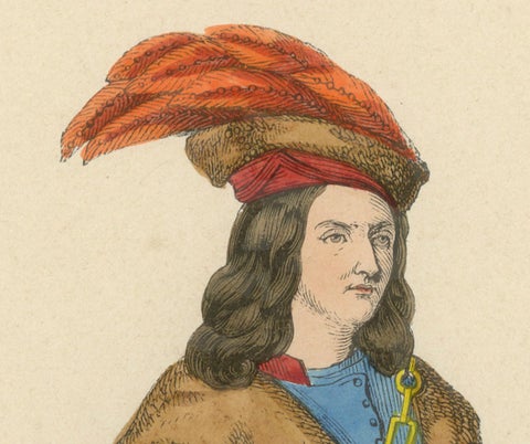 Original Hand-colored Lithograph of The Falconer: A Noble of Provence, 1845, close-up 1