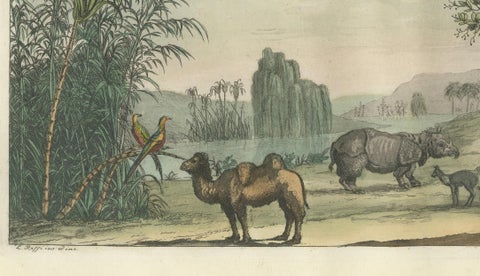 Chinese Landscape with Camel, Rhinoceros and Elephant, Antique Print, 1815, close-up 3