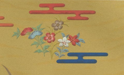 Japanese Floral Meadow on Golden Backdrop: Antique Lithograph, 1880s, close-up 1