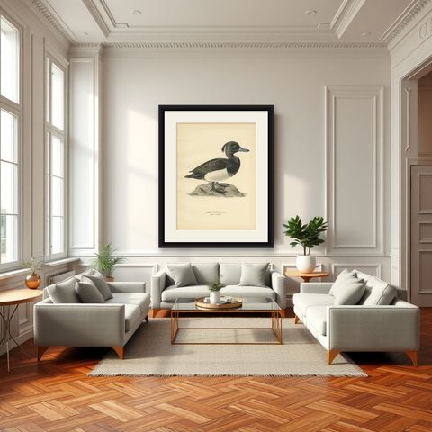 Antique Bird Print of the Tufted Duck by Von Wright, 1929, shown framed in a room