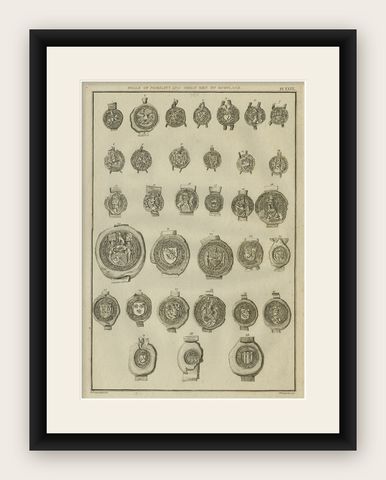 Antique Print of Seals of Nobility and Important Men of Scotland, 1792, shown framed