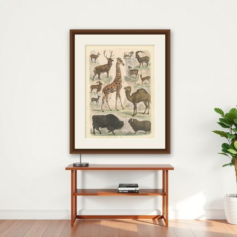 Ungulates Print: Giraffe, Camel, Bison & Antelope, Antique 1867, shown framed on a wall