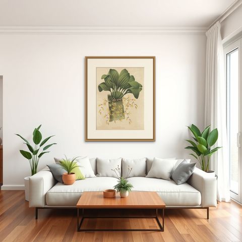 Large Orchid Illustrations of the Dutch East Indies: A Botanical Heritage, 1854, shown framed in a room