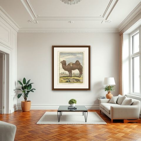 Antique Bactrian Camel Engraving, Buffon Hand-Coloured Print Amsterdam 1769, shown framed in a room