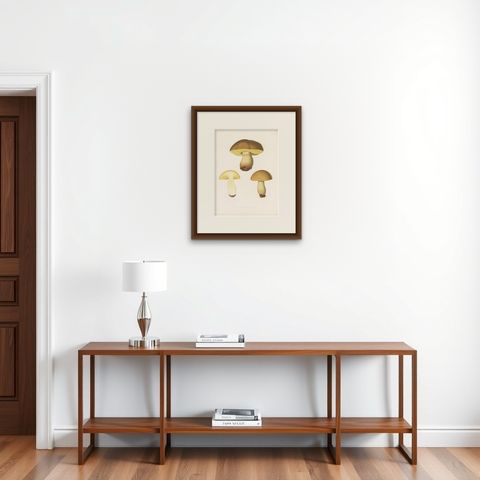 Antique Mycology Print of Hemileccinum Impolitum by E.M. Fries, circa 1860, shown framed on a wall