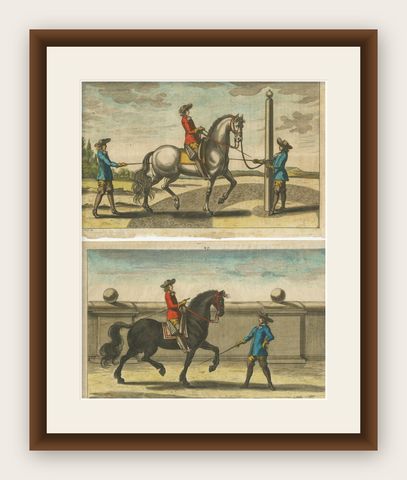 Set of 2 Antique Horse Riding Prints, c.1680, shown framed