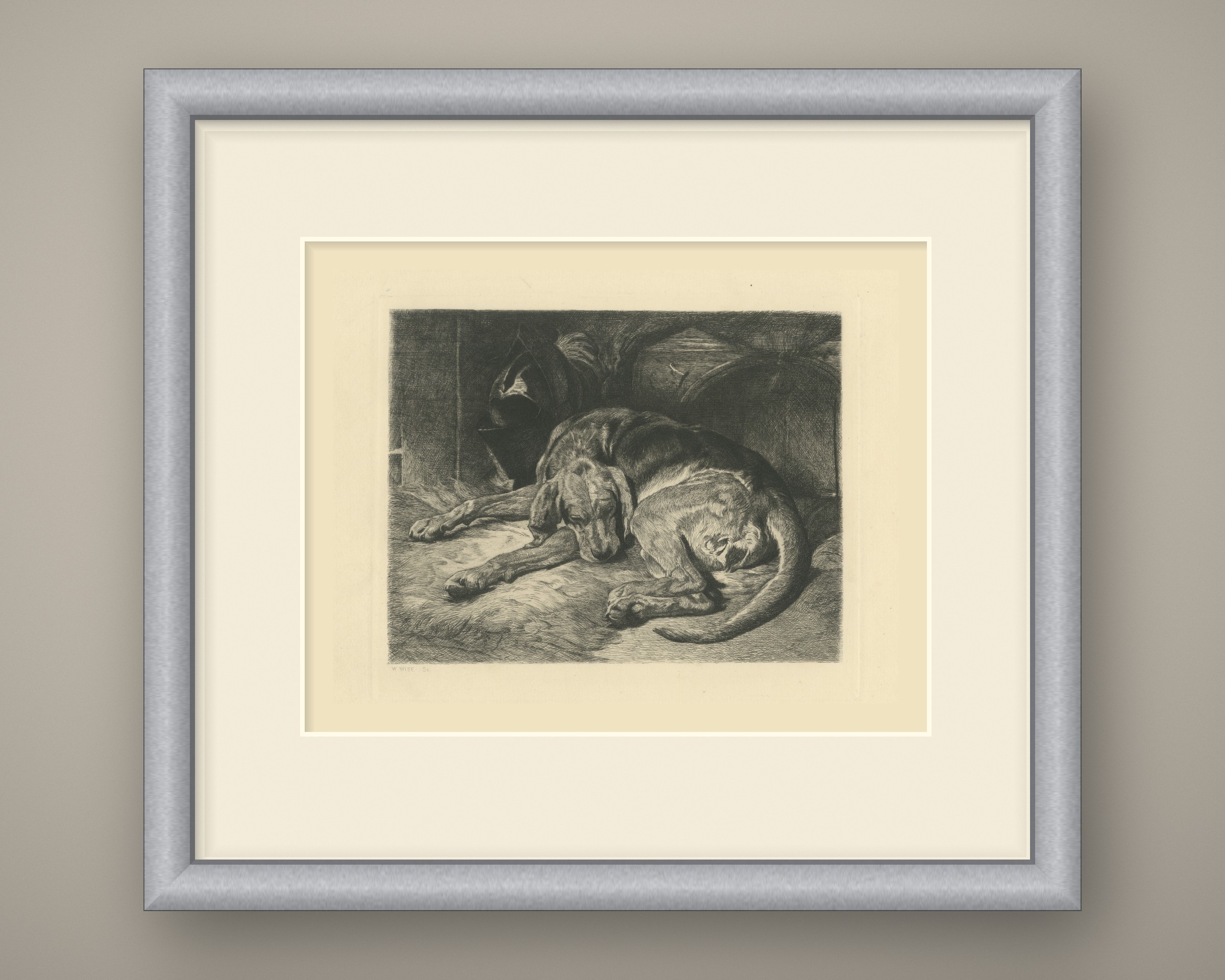 Sleeping Hound with a Plumed Helmet, Antique Etching by W. Wise, circa 1880, shown framed