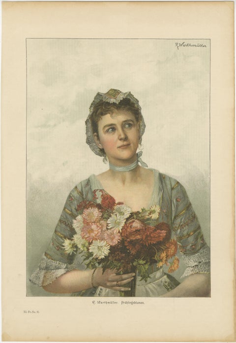 Portrait of a Flower Maiden, 19th-Century Chromolithograph by Warthmüller, view 2