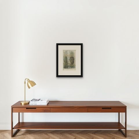 Antique Decorative Print of Warbler Nests, 1854, shown framed on a wall