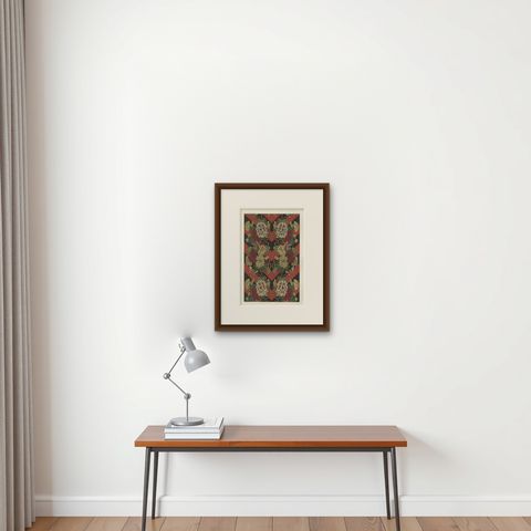 Japanese Floral and Butterfly Textile Pattern: Antique Lithograph, 1880s, shown framed on a wall