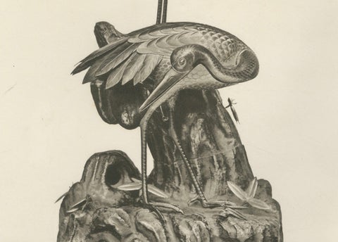 Elegant Cranes on Ornamental Base, Heliographic Japanese Art by Audsley, 1884, close-up 2
