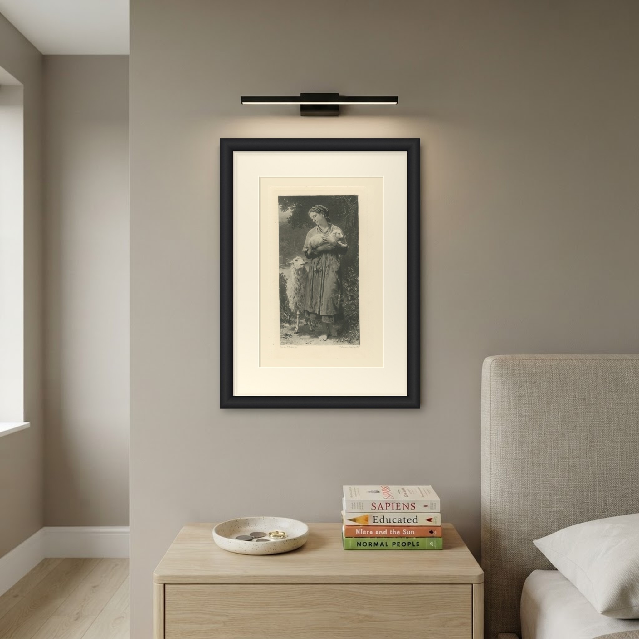 The Newborn Lamb after William Bouguereau, Antique Photogravure, circa 1880, shown framed on a wall
