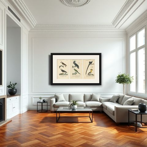 Set of 3 Antique Bird Prints - Parrots - Passerines - Birds of Prey, circa 1820, shown framed in a room