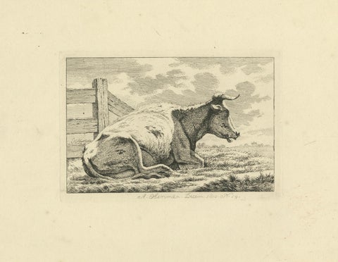 Etching of Resting Cow by Fence: Rural Scene by Anthony Oberman, 1810, close-up 5