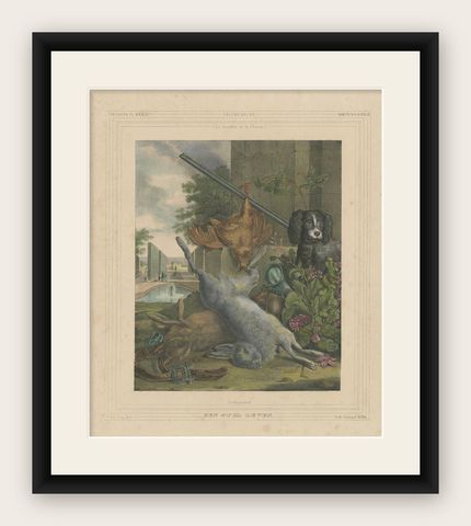 1835 Hand-Colored Lithograph: Hunting Still Life with Game and Dog, shown framed